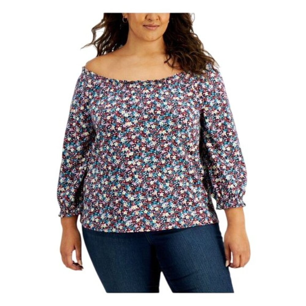Style and Co Peasant Top Plus Size 2X Floral 3/4 Sleeve Multicolor Boho Cottage